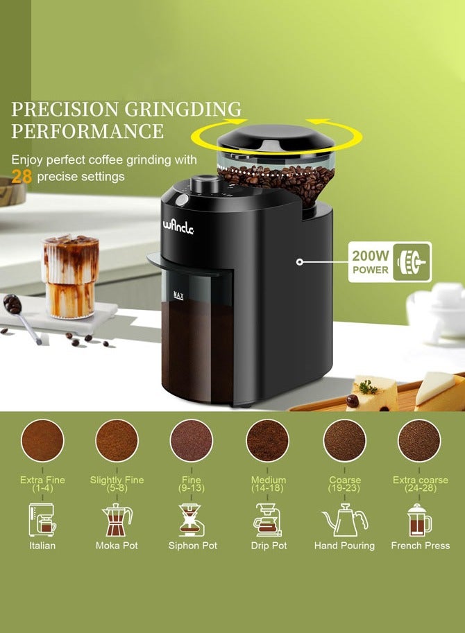 wancle Professional Burr Coffee Grinder | 28 Precision Settings & 200W Electric Coffee Grinder for Espresso, French Press, and Turkish Coffee,Black - Image 3