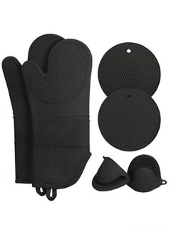 DOUGEI Extra Long Oven Mitts and Pot Holders Sets: Heat Resistant Silicone Mittens with Mini Gloves Hot Pads Potholders for Kitchen Baking Cooking, Quilted Liner, Black, Pack of 6  - Image 1