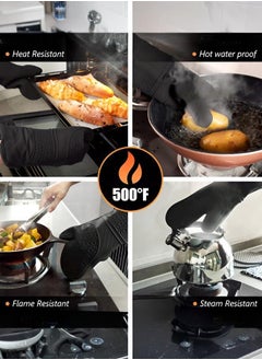 DOUGEI Extra Long Oven Mitts and Pot Holders Sets: Heat Resistant Silicone Mittens with Mini Gloves Hot Pads Potholders for Kitchen Baking Cooking, Quilted Liner, Black, Pack of 6  - Image 4