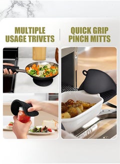DOUGEI Extra Long Oven Mitts and Pot Holders Sets: Heat Resistant Silicone Mittens with Mini Gloves Hot Pads Potholders for Kitchen Baking Cooking, Quilted Liner, Black, Pack of 6  - Image 2