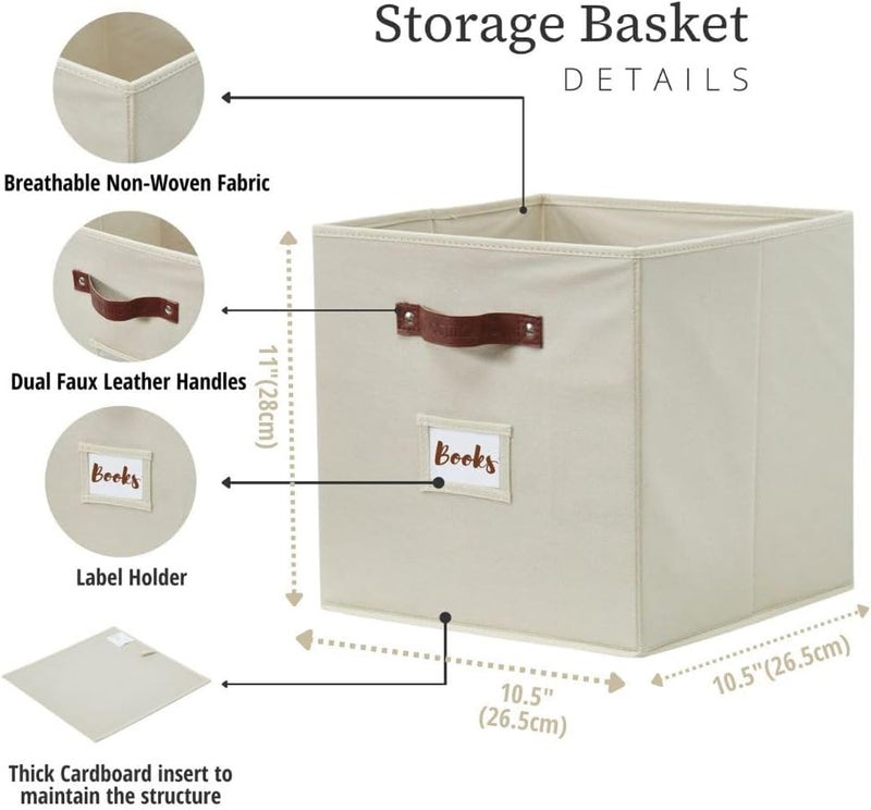 DECOMOMO Cube Storage Bin, Fabric Storage Cubes 6pcs Organizer Bins with Label Holder for Closet Kallax Shelves Clothes Kids Toy Nursery (Cube 10.5x11"/ 6pcs, Beige) - Image 3