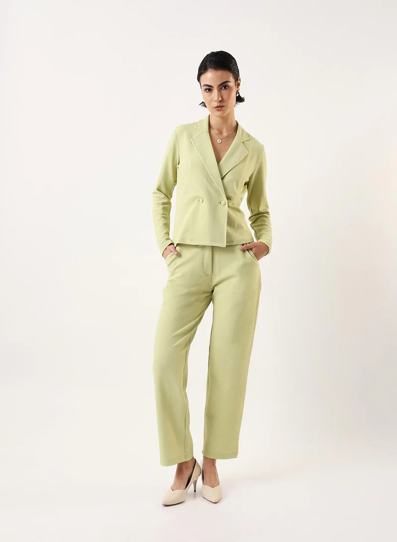 Dennis Lingo Women's Apple Green 100% Polyester Solid Textured Blazer Upper With Full Trouser Regular Fit Co-Ords