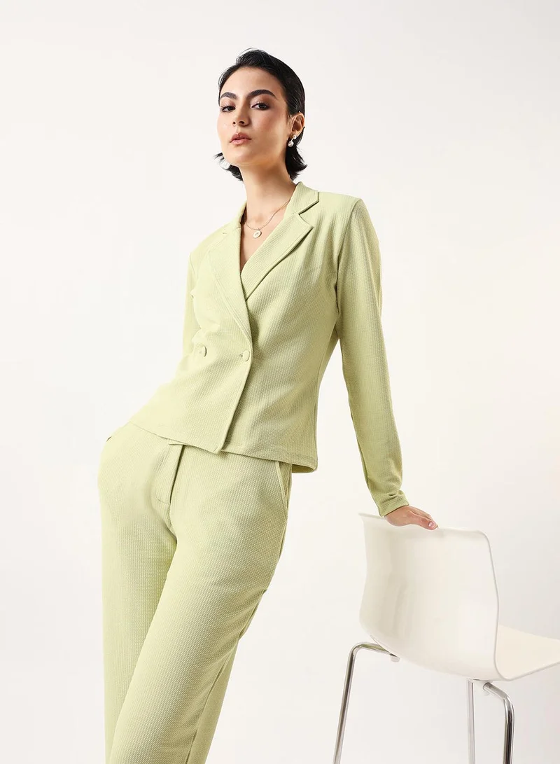 Women's Apple Green 100% Polyester Solid Textured Blazer Upper With Full Trouser Regular Fit Co-Ords