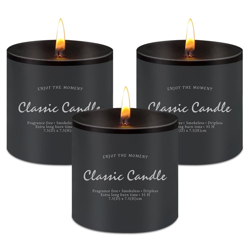 Hand Poured Emergency Candles Pillar Set of 3 NonToxic Smokeless 3x3 Inch Black Candle Decorative Rustic Unscented Candles Large for Power Outage