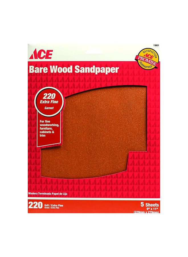 ACE 5-Piece Fine Bare Wood Sandpaper Brown 9 x 11inch 19801