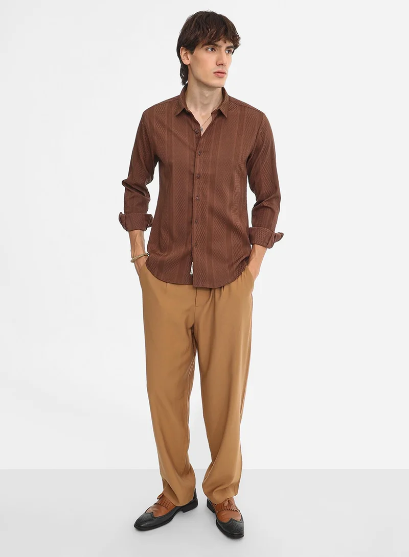 كامبوس سوترا Men's Chocolate Brown Mesh-Textured Knit Shirt