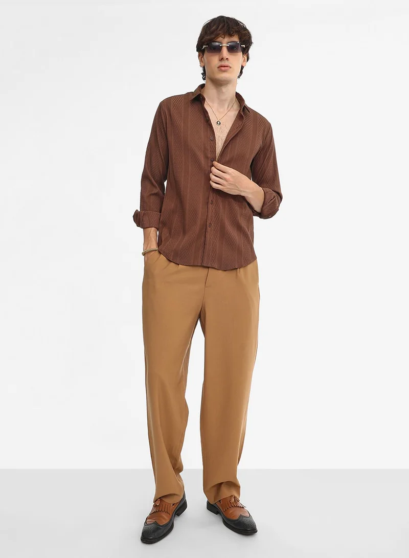كامبوس سوترا Men's Chocolate Brown Mesh-Textured Knit Shirt