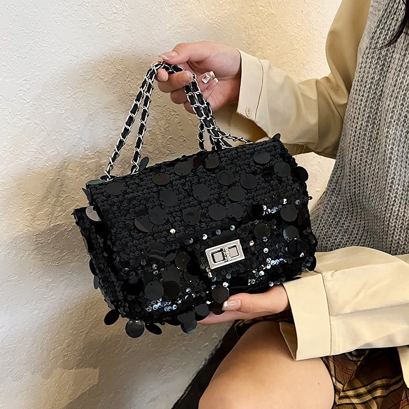 Fashionable Girl Sequined Small Square Bag Texture Chain Shoulder Crossbody Bag Commuter Bag Women'S Bag - Image 3