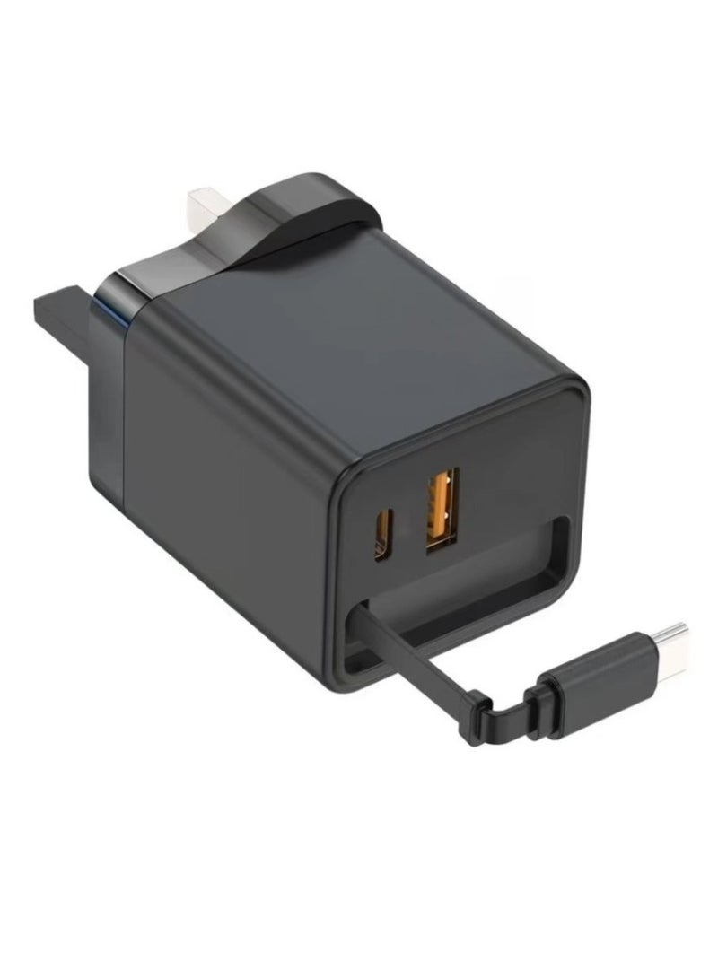 غريفين شاحن Nexode GaN 65W Type C 2C1A قابل للسحب 0.7 متر محول USB C سريع ومحمول ومتوافق مع MacBook Pro/Air وiPad Pro وiPhone 16 Series وSamsung Galaxy Series باللون الأسود - Image 1