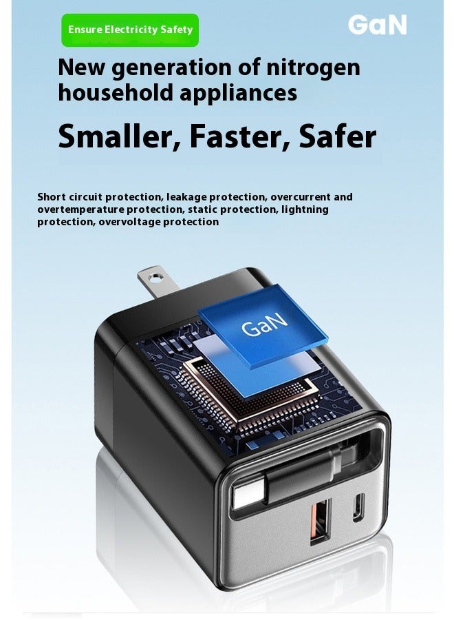 غريفين شاحن Nexode GaN 65W Type C 2C1A قابل للسحب 0.7 متر محول USB C سريع ومحمول ومتوافق مع MacBook Pro/Air وiPad Pro وiPhone 16 Series وSamsung Galaxy Series باللون الأسود - Image 2