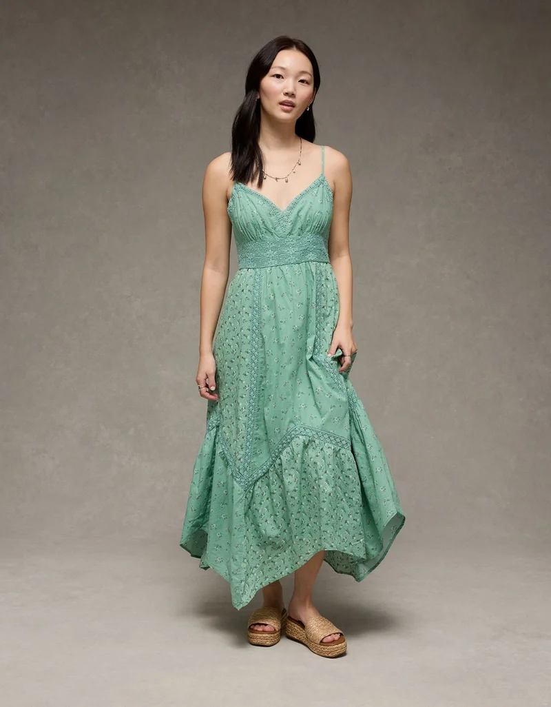 AE V-Neck Lace Inset Hanky Hem Midi Dress