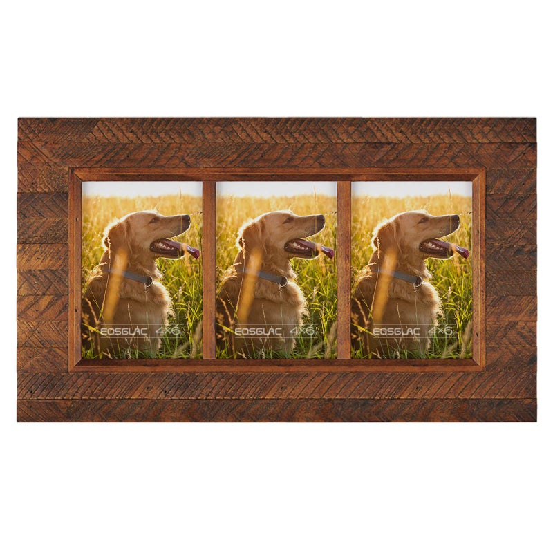 Eosglac Collage Picture Frame 4x6 3 Openings Wood Plank Design with Rustic Brown Finish Wall Mounting Display Handmade Wooden Photo Frame