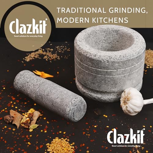 Clazkit Oothukuli Stone Mortar and Pestle Set – 5 Inch Okhli/Khalbatta/Idi Kallu – Traditional Hand Grinder for Chutney, Spices, Herbs & Ginger-Garlic Crushing – Grey - Image 2