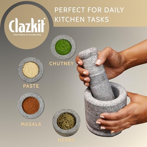 Clazkit Oothukuli Stone Mortar and Pestle Set – 5 Inch Okhli/Khalbatta/Idi Kallu – Traditional Hand Grinder for Chutney, Spices, Herbs & Ginger-Garlic Crushing – Grey - Image 3