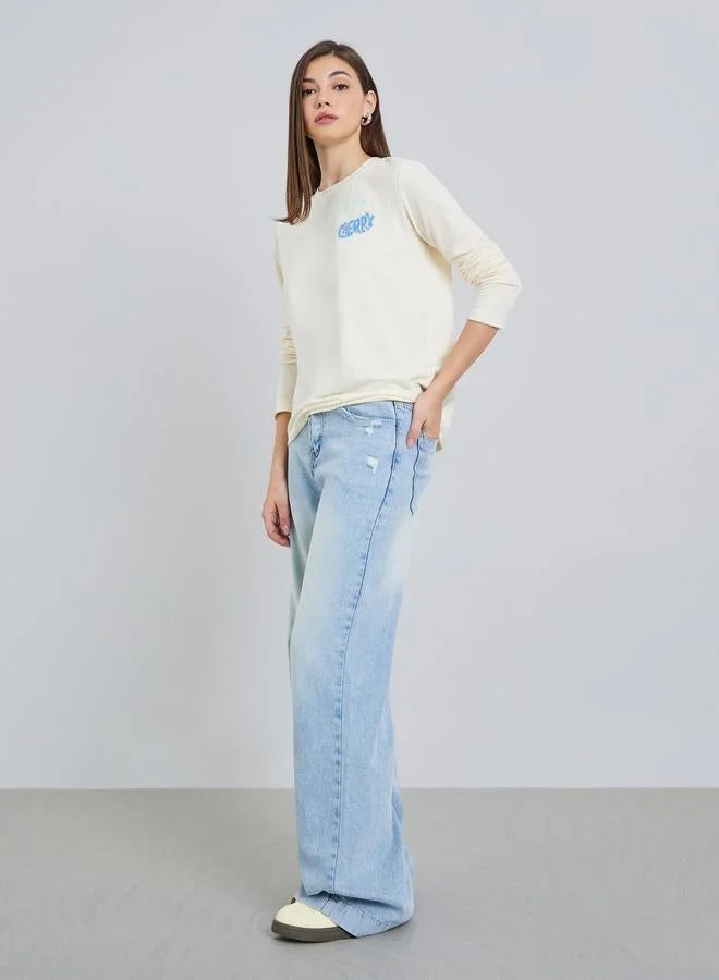 Styli Women Beige Embroidered Long Sleeve T-Shirt