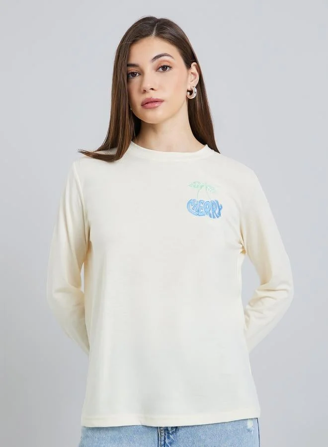 Styli Women Beige Embroidered Long Sleeve T-Shirt