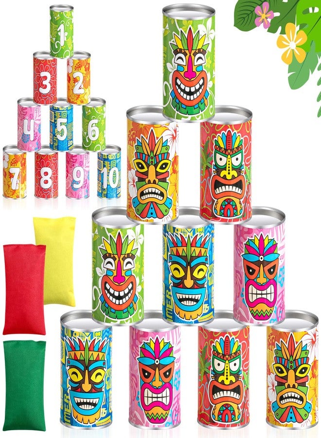Jingmore Luau Party Games Tiki Can Toss Game Bean Bag Toss with 10 Tin Cans and 3 Bean Bag for Summer Luau Family Birthday Tropical Hawaii Aloha Indoors Outdoors Activities Party Supplies - Image 1