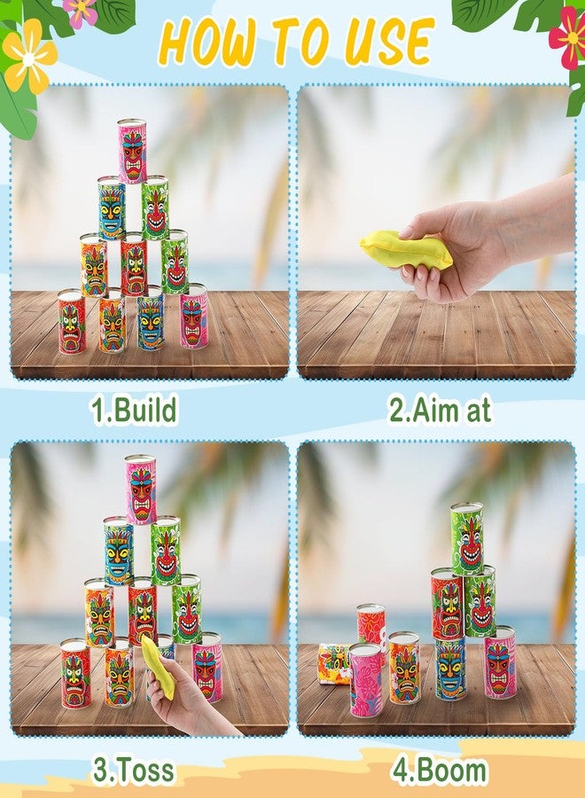 Jingmore Luau Party Games Tiki Can Toss Game Bean Bag Toss with 10 Tin Cans and 3 Bean Bag for Summer Luau Family Birthday Tropical Hawaii Aloha Indoors Outdoors Activities Party Supplies - Image 3