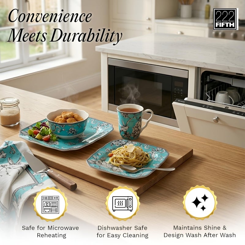 222 Fifth Adelaide Turquoise 16-Piece Porcelain Dinnerware Set | Microwave and Dishwasher Safe Dining Set for 4 | Stackable and Chip-Resistant Plates Bowls and Cups | Gift for Housewarming & Wedding - Image 4