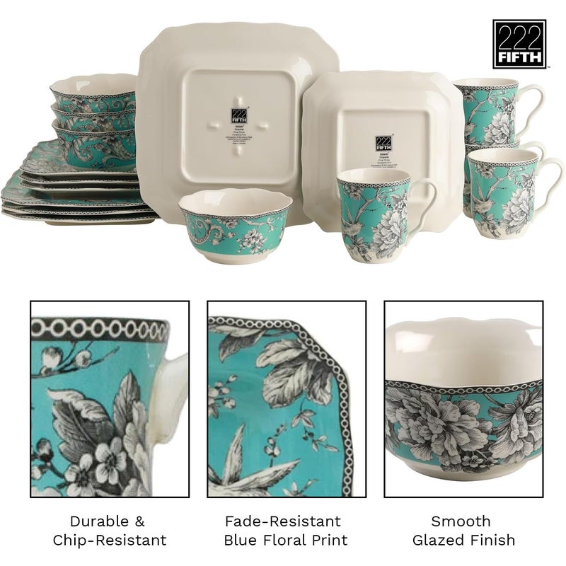 222 Fifth Adelaide Turquoise 16-Piece Porcelain Dinnerware Set | Microwave and Dishwasher Safe Dining Set for 4 | Stackable and Chip-Resistant Plates Bowls and Cups | Gift for Housewarming & Wedding - Image 5
