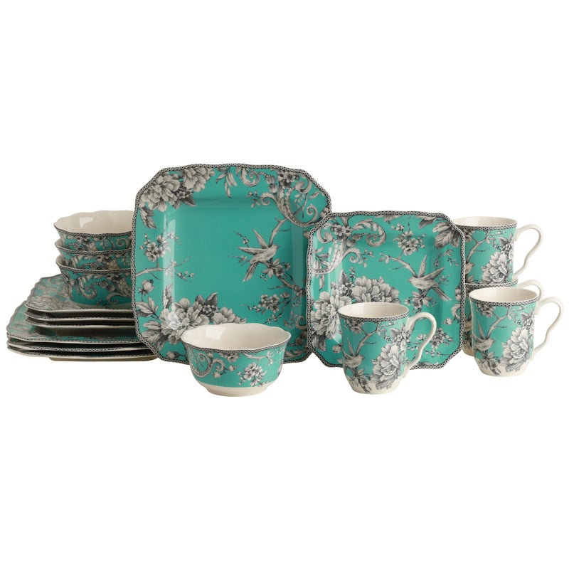 222 Fifth Adelaide Turquoise 16-Piece Porcelain Dinnerware Set | Microwave and Dishwasher Safe Dining Set for 4 | Stackable and Chip-Resistant Plates Bowls and Cups | Gift for Housewarming & Wedding - Image 1