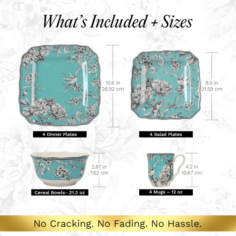 222 Fifth Adelaide Turquoise 16-Piece Porcelain Dinnerware Set | Microwave and Dishwasher Safe Dining Set for 4 | Stackable and Chip-Resistant Plates Bowls and Cups | Gift for Housewarming & Wedding - Image 2