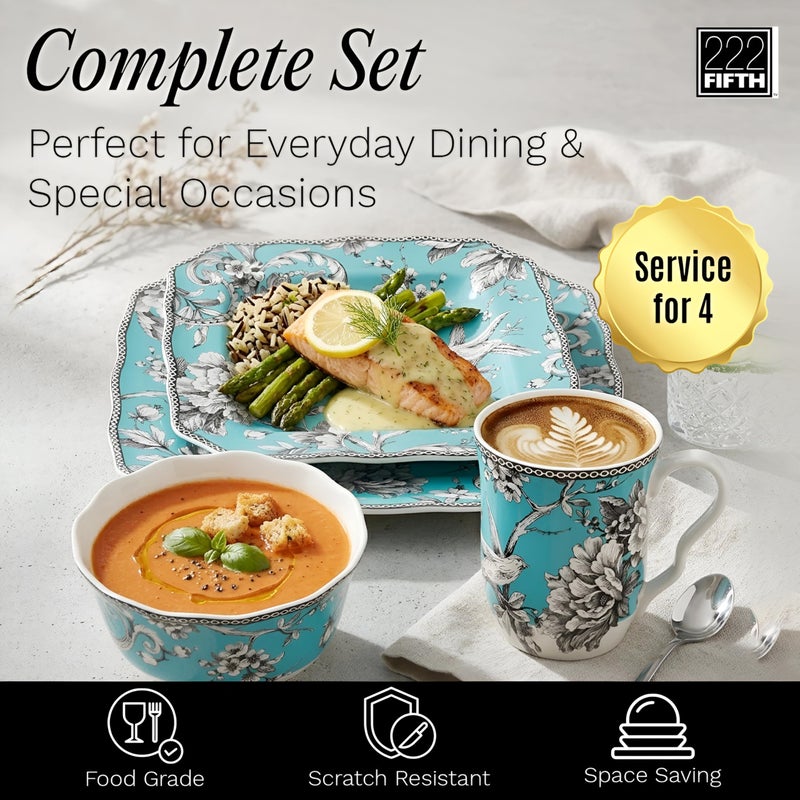 222 Fifth Adelaide Turquoise 16-Piece Porcelain Dinnerware Set | Microwave and Dishwasher Safe Dining Set for 4 | Stackable and Chip-Resistant Plates Bowls and Cups | Gift for Housewarming & Wedding - Image 3