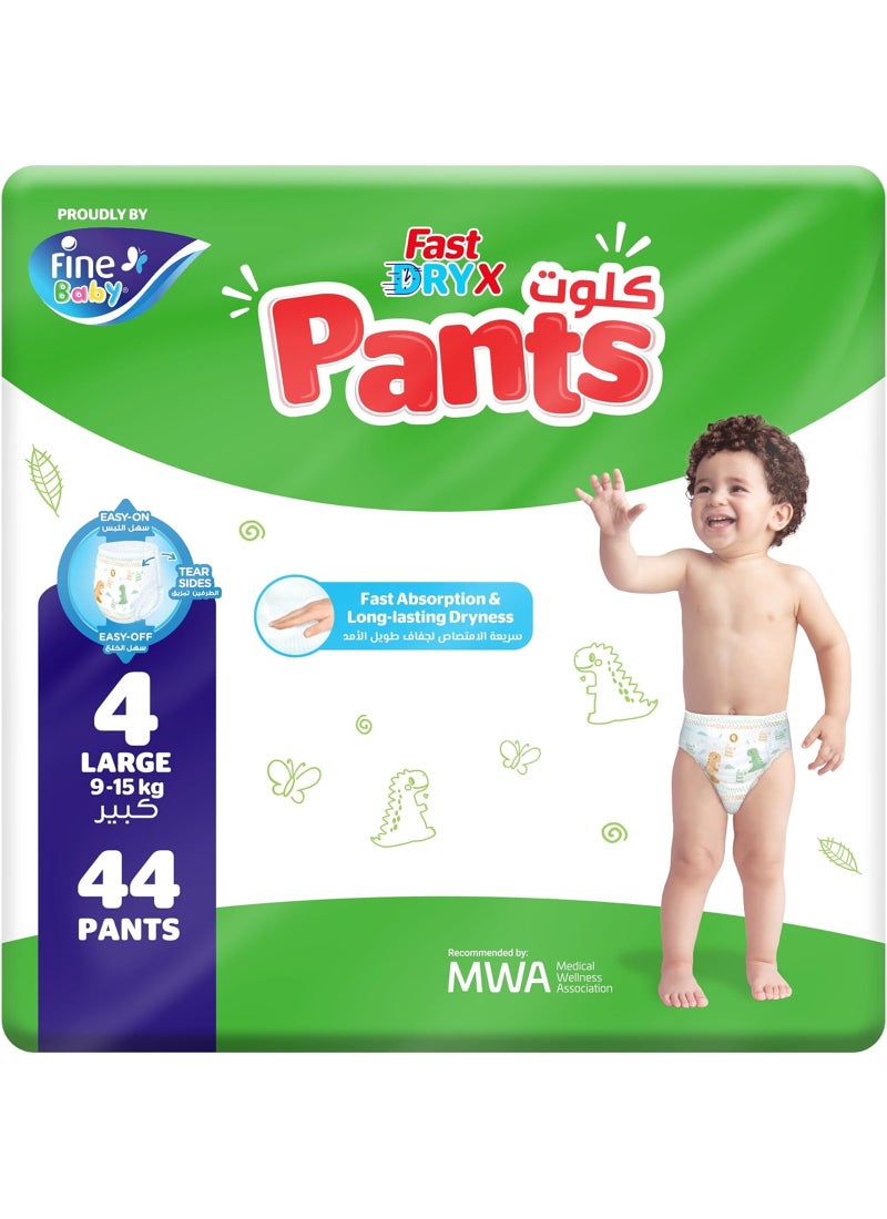 Fine Baby FastDryX Pants, Size 4 Large (9-15 kg), 44 Count – Pull-Up Pants, Instant Dry & 12-Hour Protection - Image 1