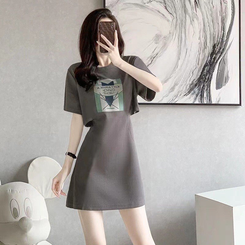 2024 New dress Womens Summer Belly Covering French Waist Slimming Small Commuter Short-sleeved T-shirt Skirt Elegant Oak gray