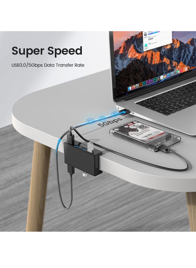 Orico - ORICO USB 3.0 Hub, USB Hub Clamp, Aluminum 4-Port USB Splitter with Extra Power Supply Port and 4.92 FT USB A to USB A and USB A to USB C Cable, Desktop Powered USB Hub for Monitors/Desks-Black - Image 1
