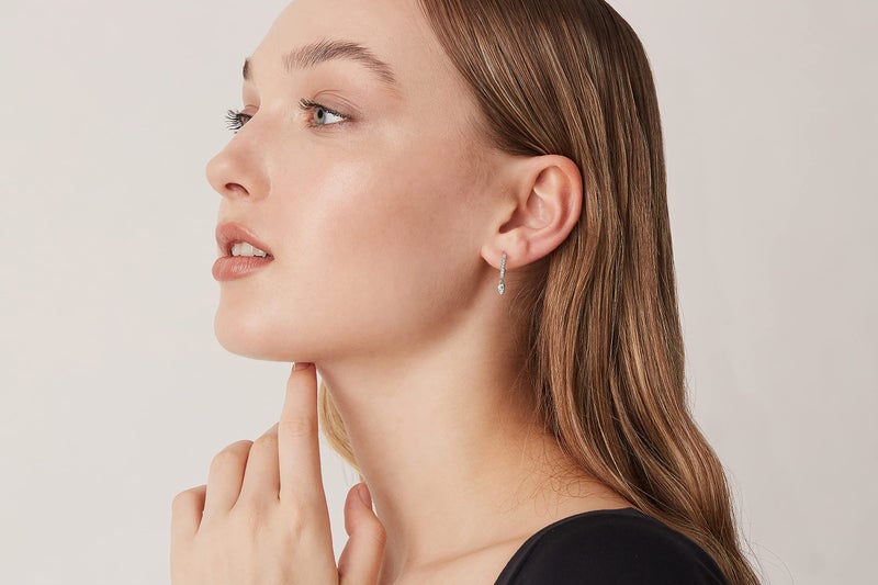 PAVOI Rhodium Plated 925 Sterling Silver Post Dangle Huggie Hoop Earrings For Women - Trendy Tear Drop Shaped Cubic Zirconia Hoop Earrings - Small Hinged Huggies - Image 4