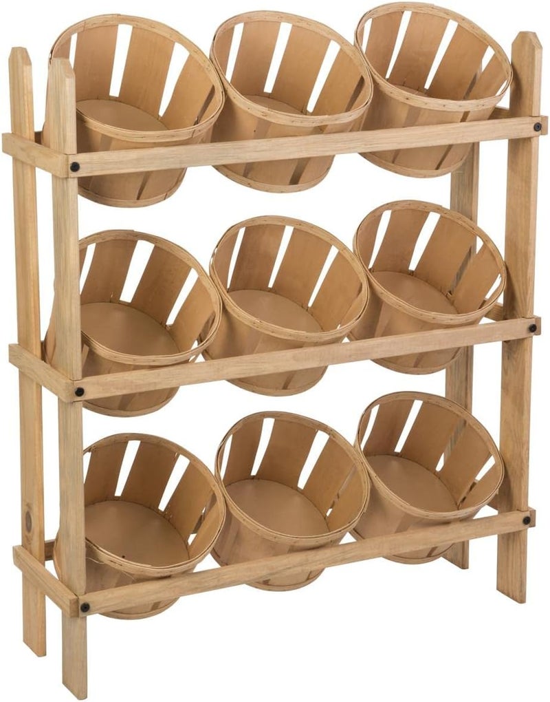 Displays2go Tiered Wooden Display Floor Standing 9 Baskets  Oak PN9BKTOAK - Image 1
