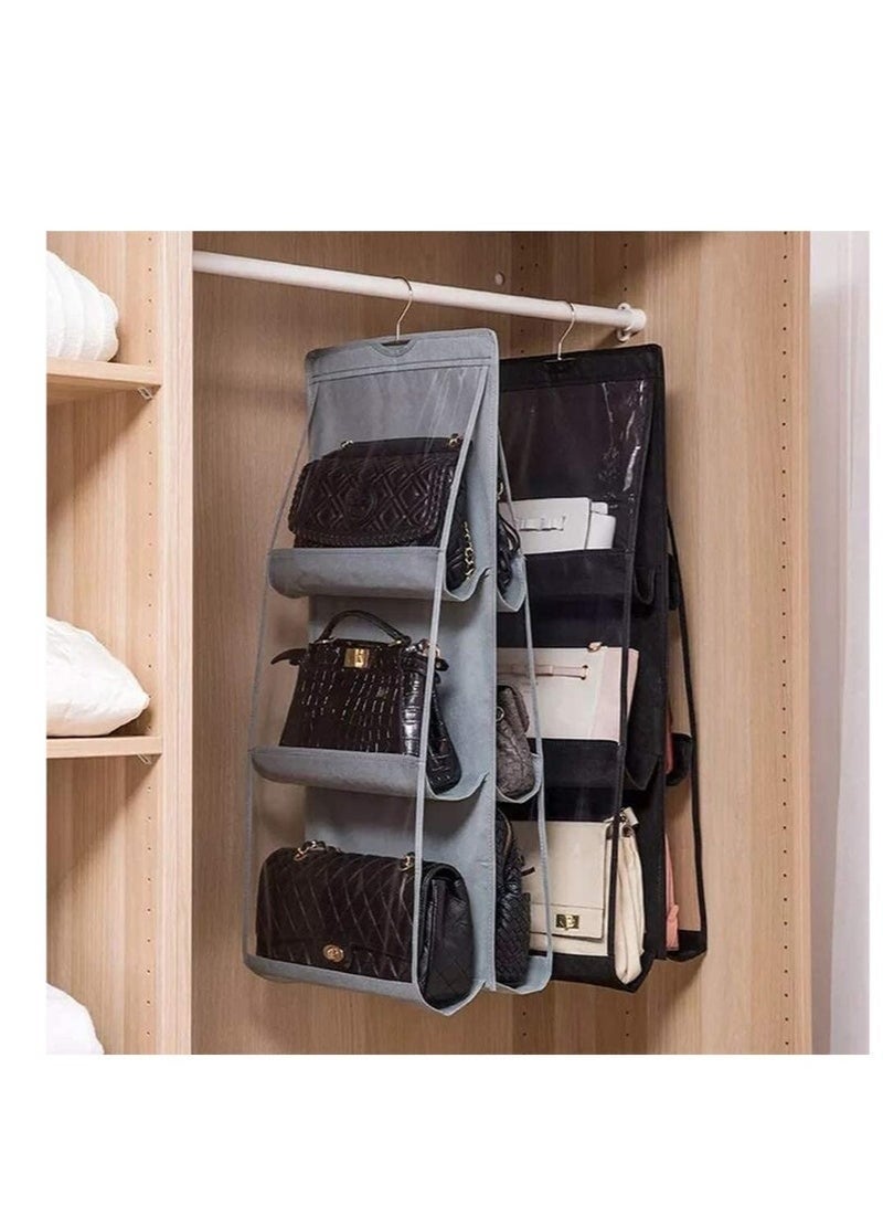 2-Piece Hanging Handbag & Purse Organizer – 6 Large Pockets Each, Clear Dustproof Storage, Foldable Space-Saving Closet and Over-the-Door Organizer for Medium and Large Bags (Black & Gray). - Image 2