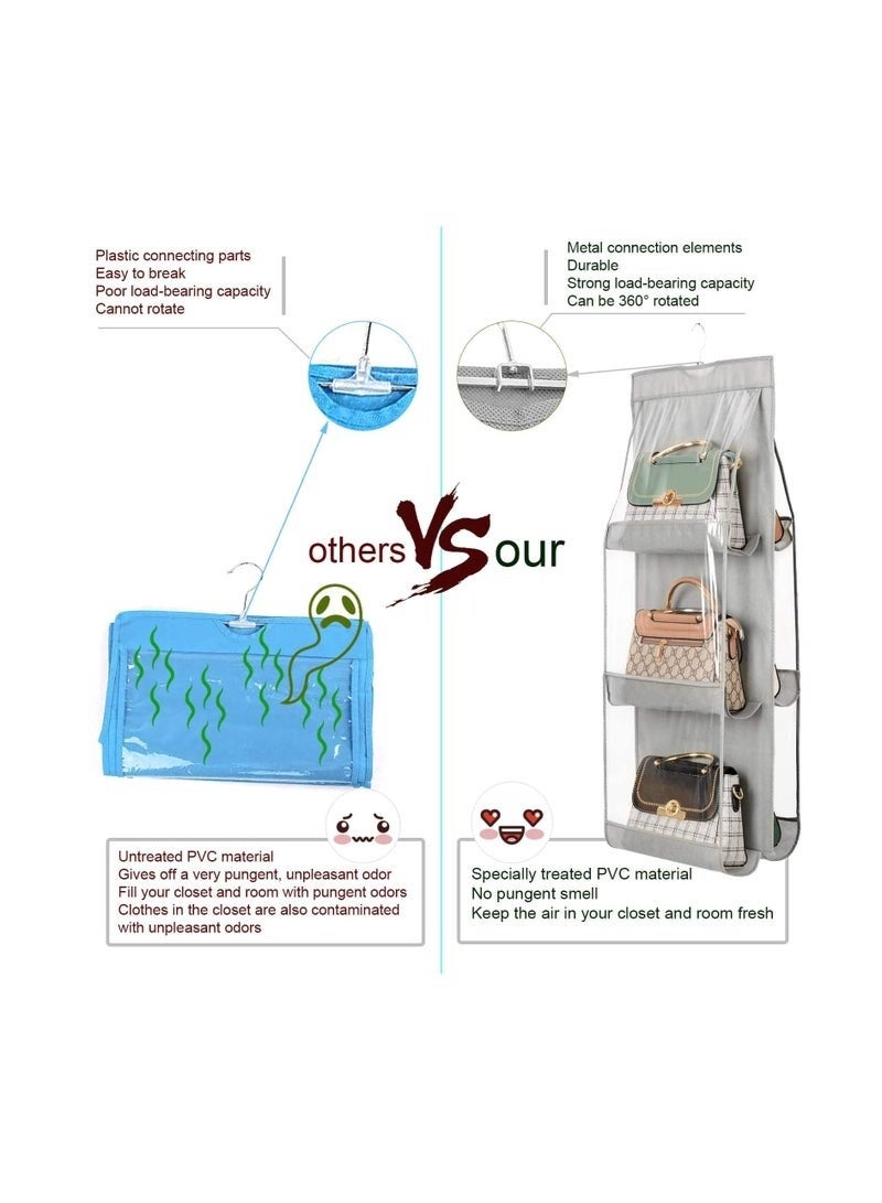 2-Piece Hanging Handbag & Purse Organizer – 6 Large Pockets Each, Clear Dustproof Storage, Foldable Space-Saving Closet and Over-the-Door Organizer for Medium and Large Bags (Black & Gray). - Image 5