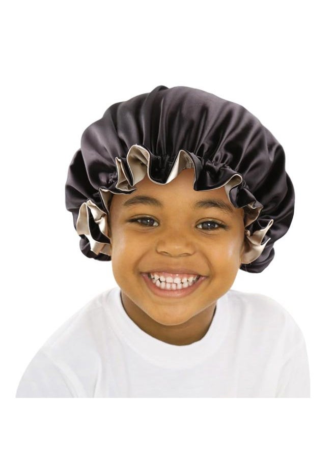 sent hair - Baby Satin Bonnet Sleeping Cap, Adjustable Kids Sleep Bonnet with Drawstring, Double Layer Night Hair Caps for 0-3 Years Old Kids/Child/Baby/Toddler (Black/Champagne) - Image 1