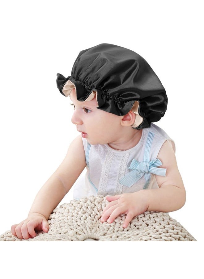 sent hair - Baby Satin Bonnet Sleeping Cap, Adjustable Kids Sleep Bonnet with Drawstring, Double Layer Night Hair Caps for 0-3 Years Old Kids/Child/Baby/Toddler (Black/Champagne) - Image 1
