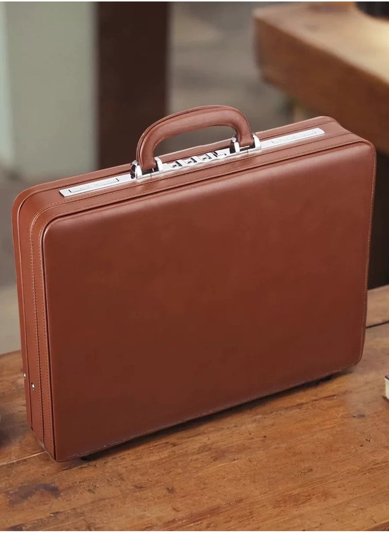 Freegallops - 17 inches Leather Expandable Attache Case Dual Combination Lock Hard Side Briefcase-Brown - Image 1