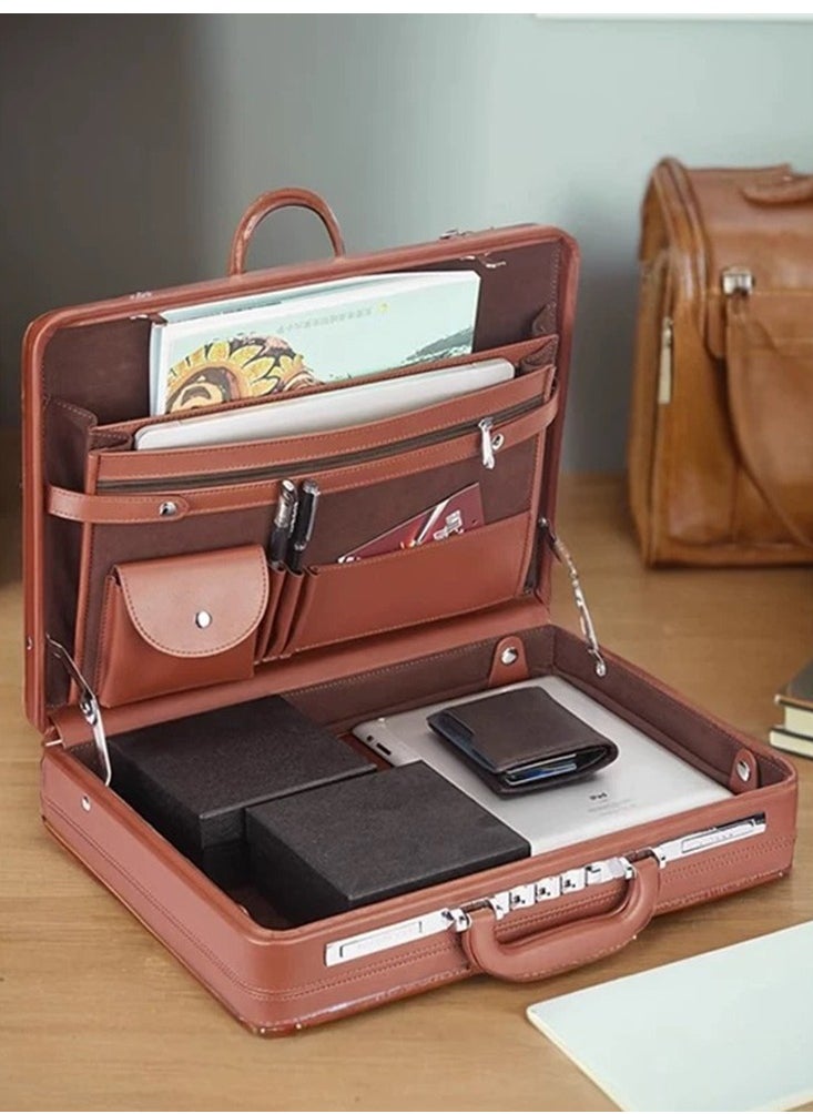 Freegallops - 17 inches Leather Expandable Attache Case Dual Combination Lock Hard Side Briefcase-Brown - Image 1