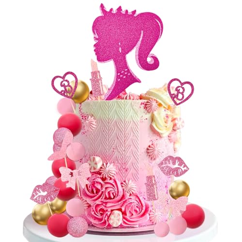MEMOVAN Hot Pink Girl Cake Topper 31PCS Princess Makeup Cake Topper Decoration with Pink Gold Ball Glitter High Heel Lipstick Lips Bow Tie for Bachelorette Boho Girl Hot Pink Princess Theme Party - Image 1