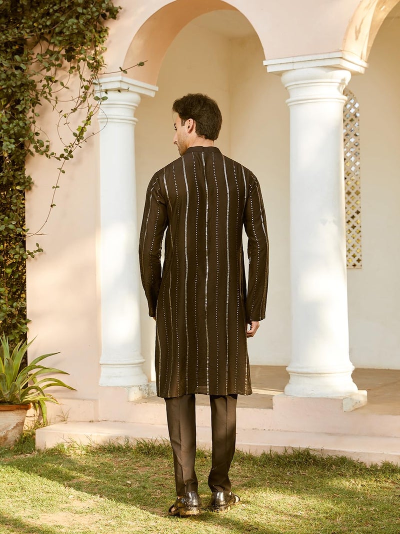 See Designs Men Full Sleeve Black And Gold Chanderi Silk Sequins Mandarin Collar Side Slit Kurta With Pyjama - SDKT243502XS - Image 4