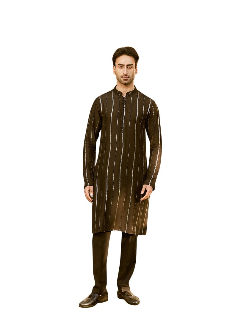 See Designs Men Full Sleeve Black And Gold Chanderi Silk Sequins Mandarin Collar Side Slit Kurta With Pyjama - SDKT243502XS - Image 1
