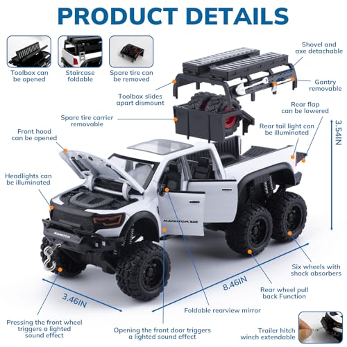 FRJV Pickup Truck Toy 124 Diecast Trucks Mammoth Model Car KitsMetal Toy Truck Suitable for Kids and Car CollectionPull Back Cars with Light and SoundTrucks for Kids Ages 48White - Image 5