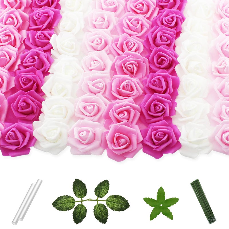 Vignor 100 Pcs 2 Inch Artificial Flowers Faux Foam Fake Rose Head Bulk for Home Decor Wedding Decoration Bridal Shower Wall Table Centerpiece Arrangement DIY Craft (4 Shades of Pink White) - Image 1