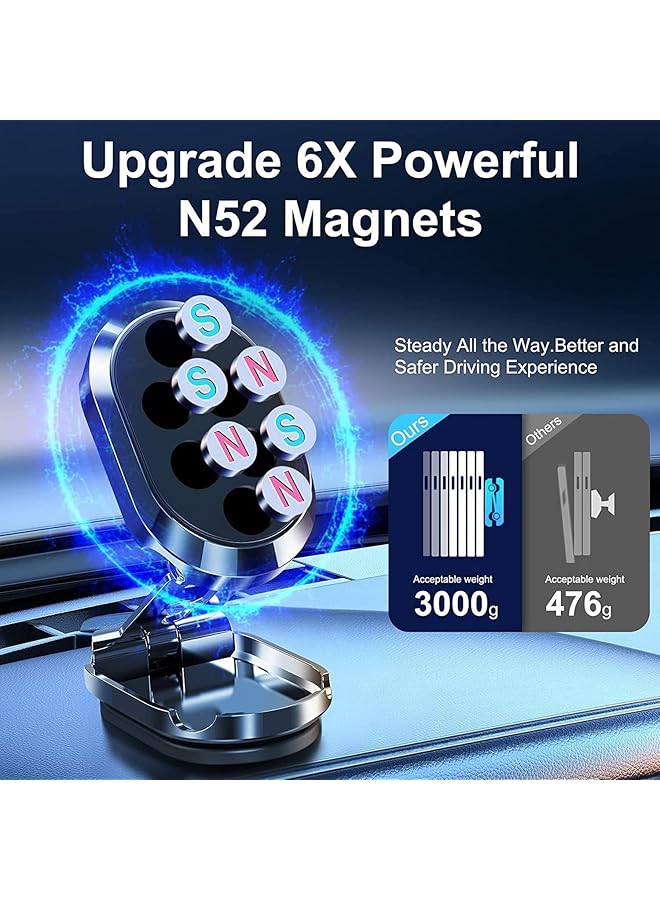 Excefore Car Magnetic Folding Phone Holder,【Super Magnet】【With 2 Metal Plates】Alloy Car Magnetic Phone Holder,【720° Rotation】 Universal Dashboard Car Holder Fit For Iphone,Samsung And Other Phones (Silver) - Image 3