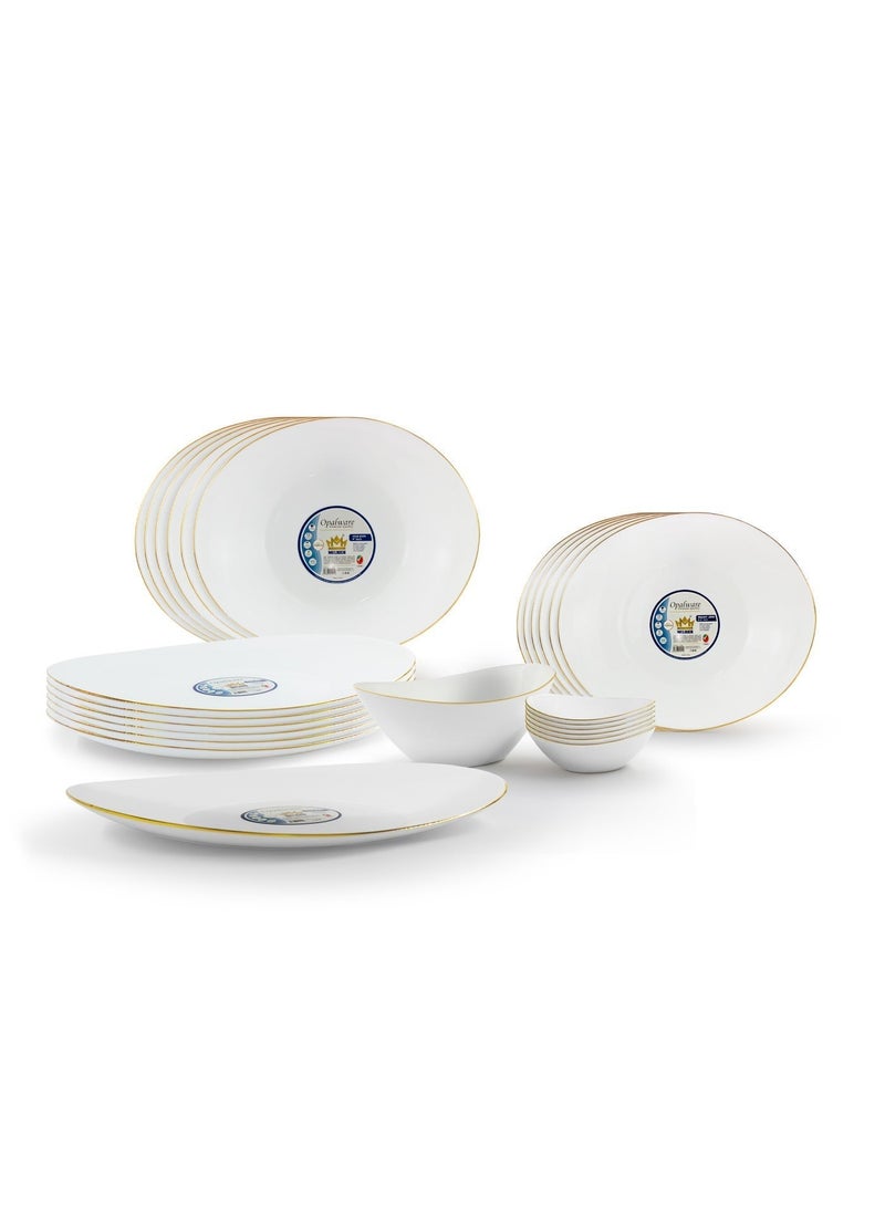 ميلريتش Melrich طقم عشاء مكون من 26 قطعة، مصنوع من زجاج أوبال ذهبي اللون، آمن للاستخدام في الميكروويف وغسالة الصحون، مقاوم للحرارة. يتضمن: طبق بيضاوي واحد، 6 أطباق عشاء، 6 أطباق شوربة، 6 أطباق حلوى، وعاء كبير واحد، 6 أوعية متوسطة. - Image 1