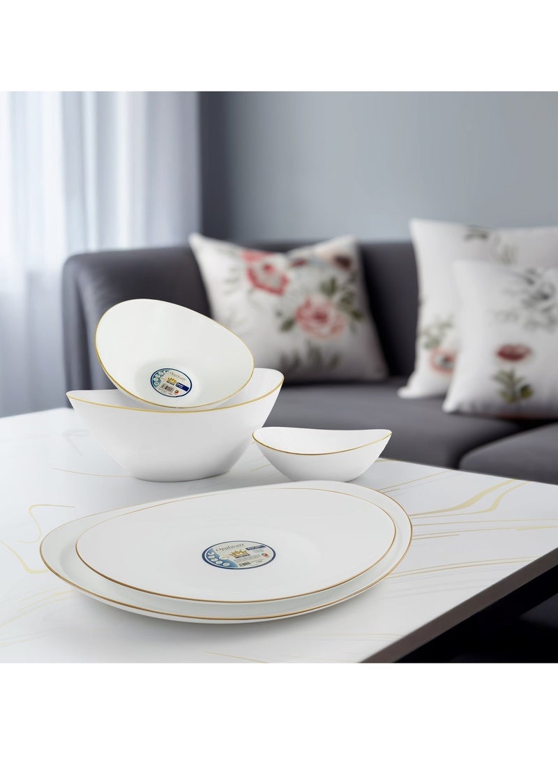 ميلريتش Melrich طقم عشاء مكون من 26 قطعة، مصنوع من زجاج أوبال ذهبي اللون، آمن للاستخدام في الميكروويف وغسالة الصحون، مقاوم للحرارة. يتضمن: طبق بيضاوي واحد، 6 أطباق عشاء، 6 أطباق شوربة، 6 أطباق حلوى، وعاء كبير واحد، 6 أوعية متوسطة. - Image 2