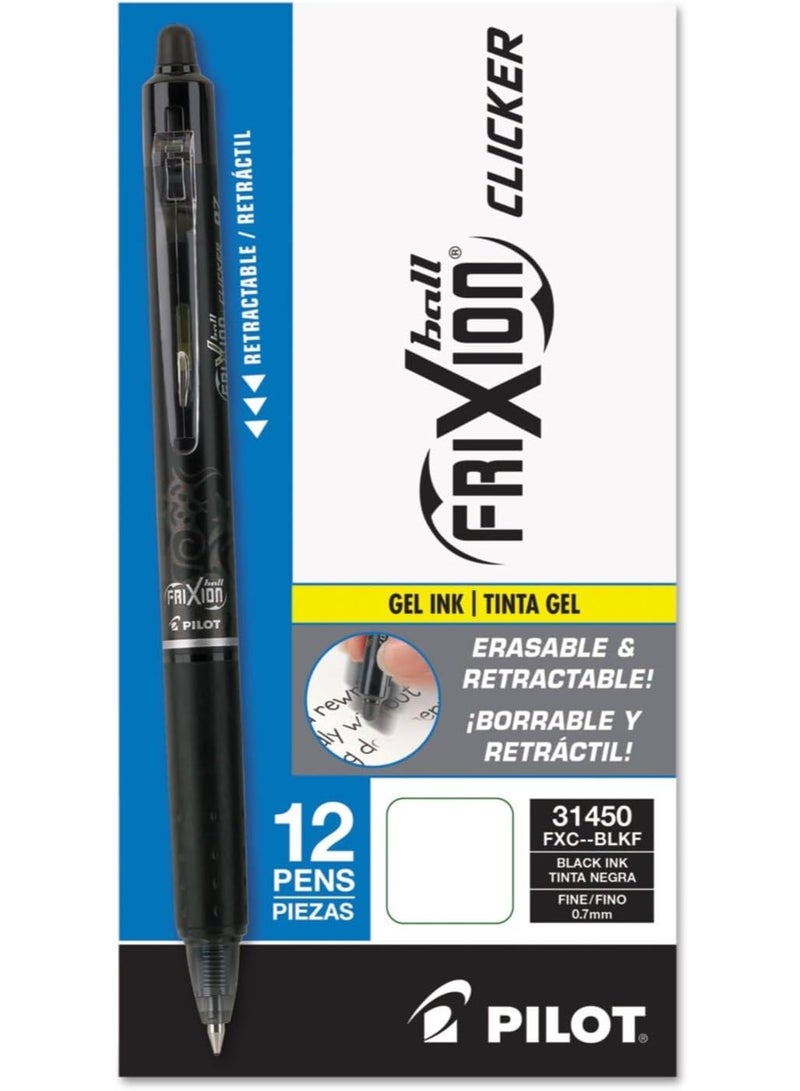 Pilot, FriXion Clicker Erasable Gel Pens, Fine Point 0.7 mm, Pack of 12, Black - Image 1