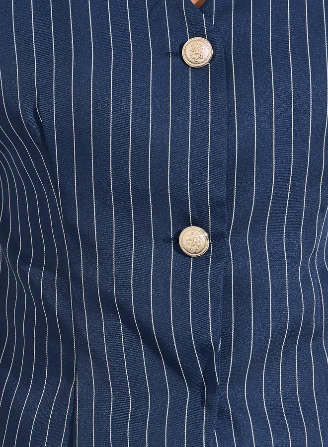 Styli  Navy Blue Striped Asymmetric Hem Knit Top with Button Front for Women | Best Price UAE
