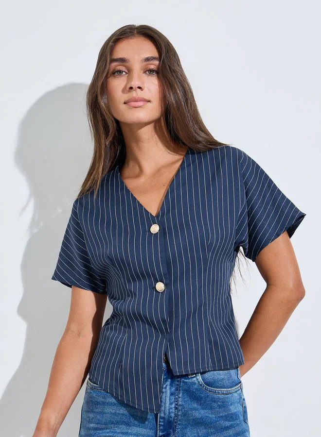 Styli  Navy Blue Striped Asymmetric Hem Knit Top with Button Front for Women | Best Price UAE