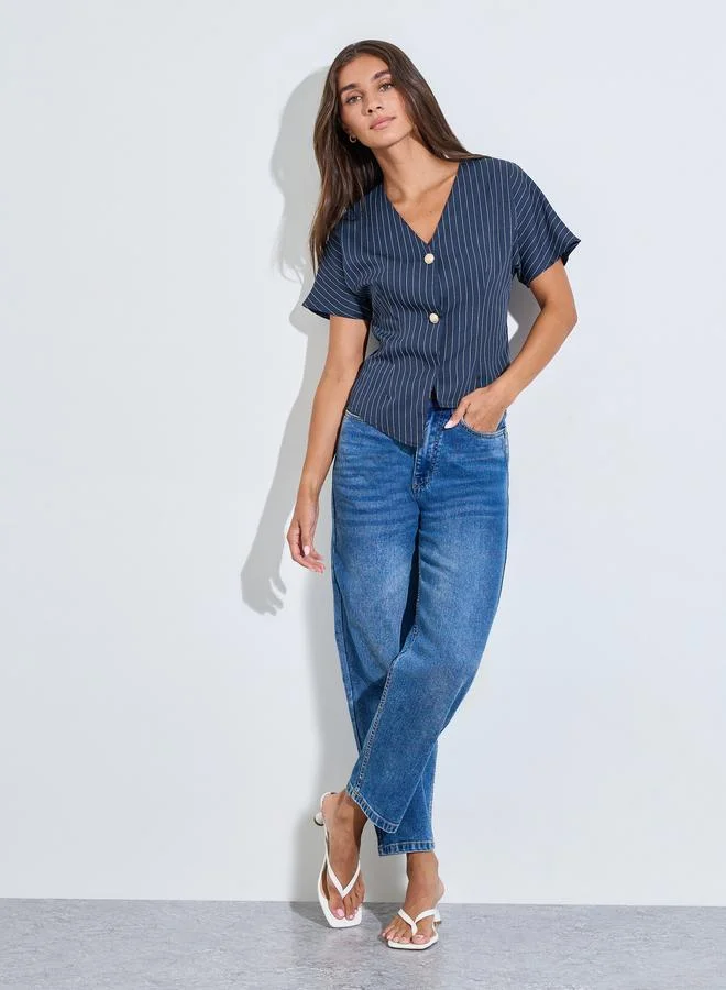 Styli Navy Blue Striped Asymmetric Hem Knit Top with Button Front